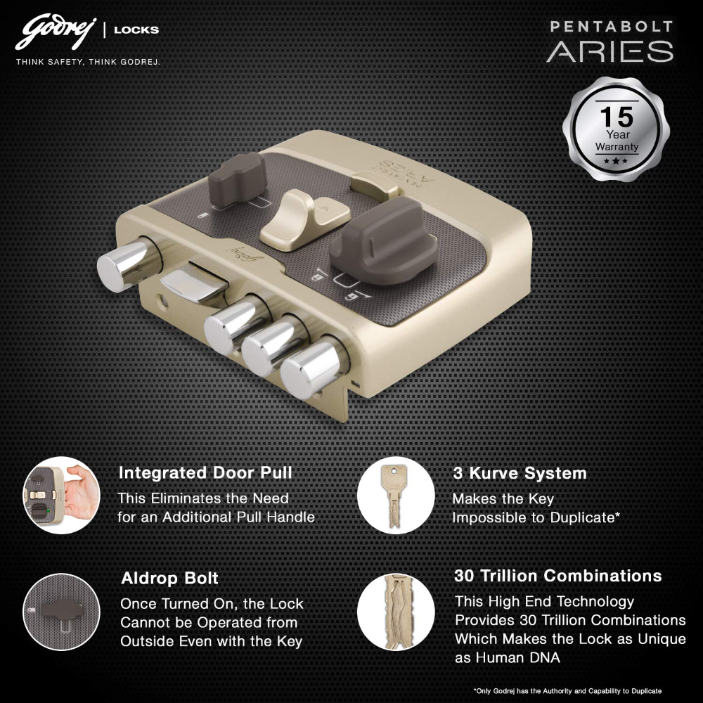 Godrej Rim Lock I Pentabolt Aries 3KS I 5 Bolts I 1CK Deadbolt I For Home Main Door I for Inside Opening Door l Left Right Handed Doors I 4Keys I 15 Year Warranty I Manual Locking I Vegas Gold Finish
